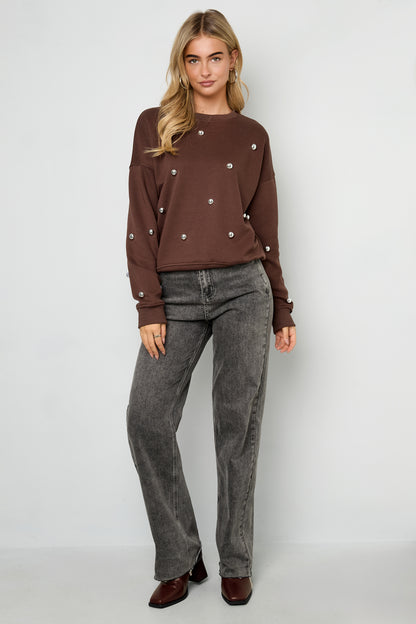 Gebreide Katoen Vrouwen Lange Mouw Top Casual Polkadots