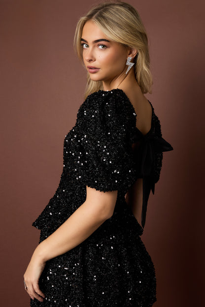 Geweven Polyestervezel Vrouwen Korte Mouwen Tops Elegante Pailletten