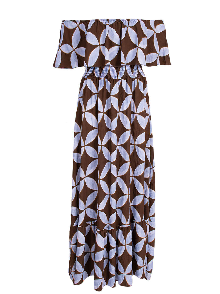 Azzurro jurk; off shoulder maxi jurk met print - Chocoladebruin/ Blauw