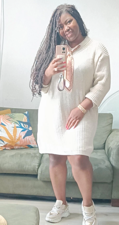Gebreide midi jurk met sjaal detail; grote maten/ oversized - Beige