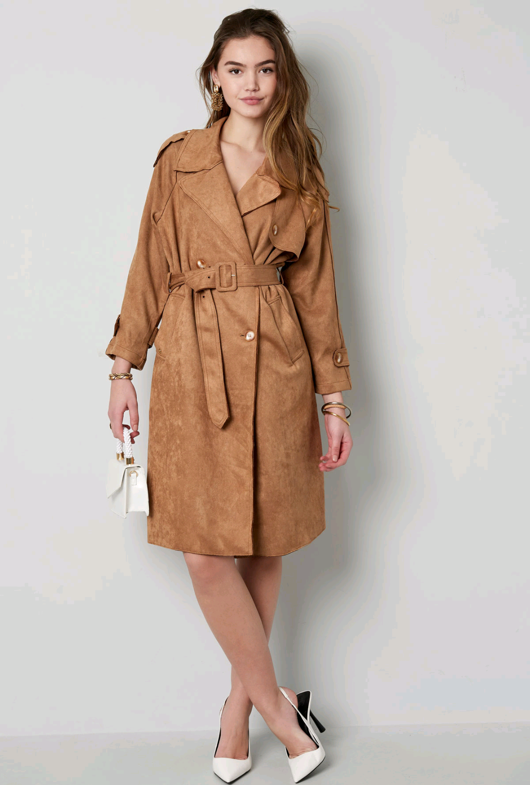 Suedine trenchcoat dames lang - Beige/ Camel | Fall4Me collectie