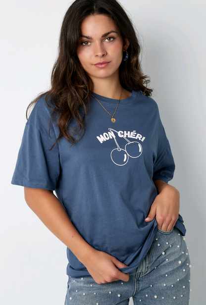 Gimme grijs dames t-shirt met witte opdruk tekst; 'Mon cheri' - Grijs/Wit | Tee Time collectie