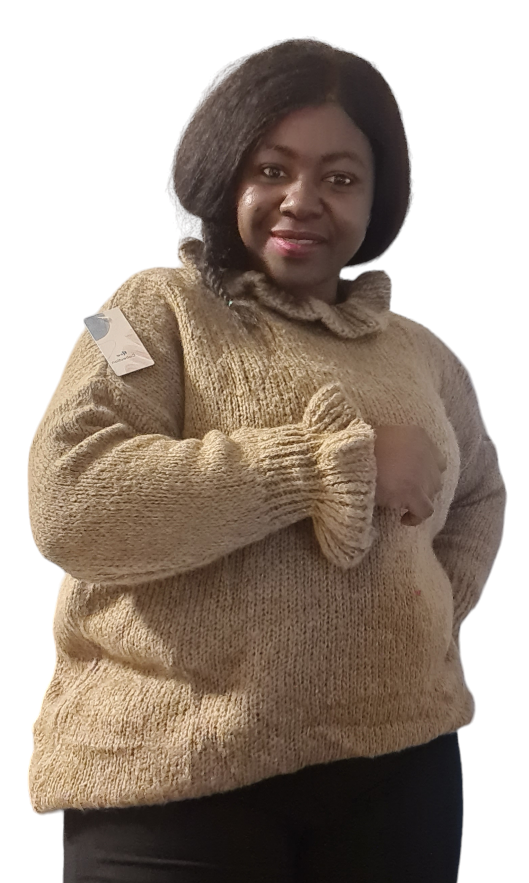 Dames trui met ruffel mouwen en kraag, grote maten - Camel kleur