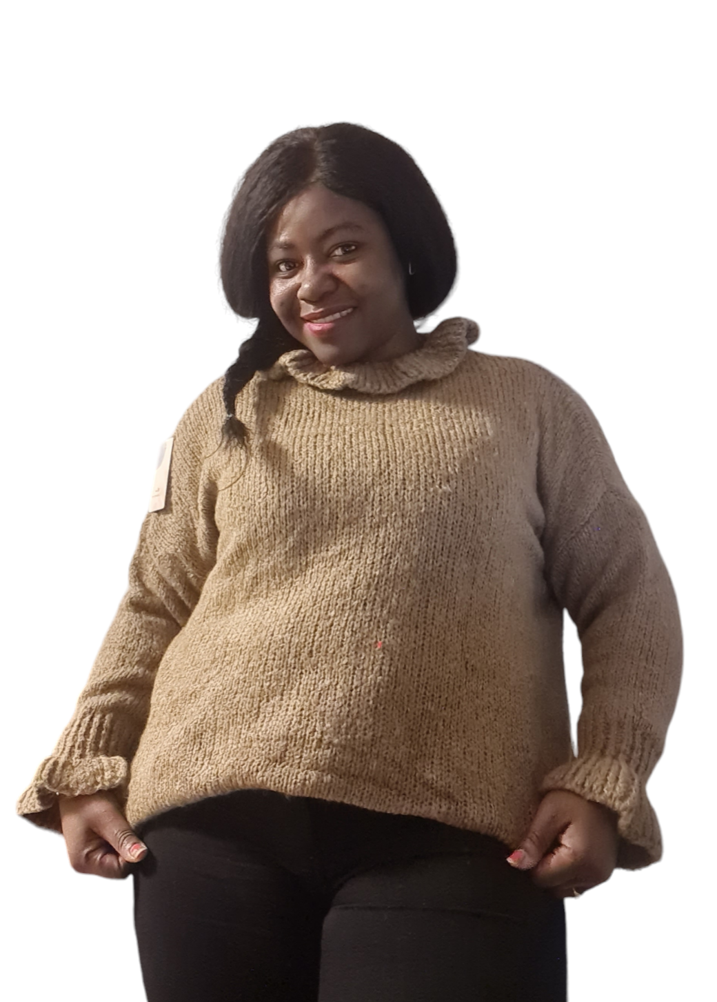 Dames trui met ruffel mouwen en kraag, grote maten - Camel kleur