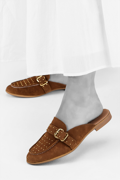 DWRS Label suède loafer; Jasper loafer met goudkleurige studs - Bruin (Cognac kleur)