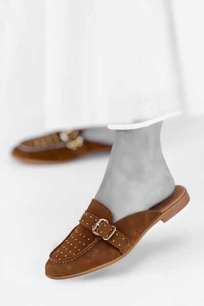DWRS Label suède loafer; Jasper loafer met goudkleurige studs - Bruin (Cognac kleur)