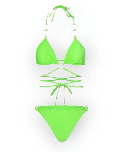 Myra; Groene triangel bikini met gouden ringen