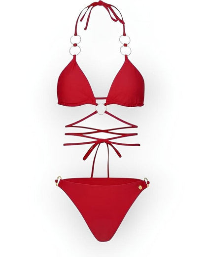 Myra; Rode triangel bikini met gouden ringen