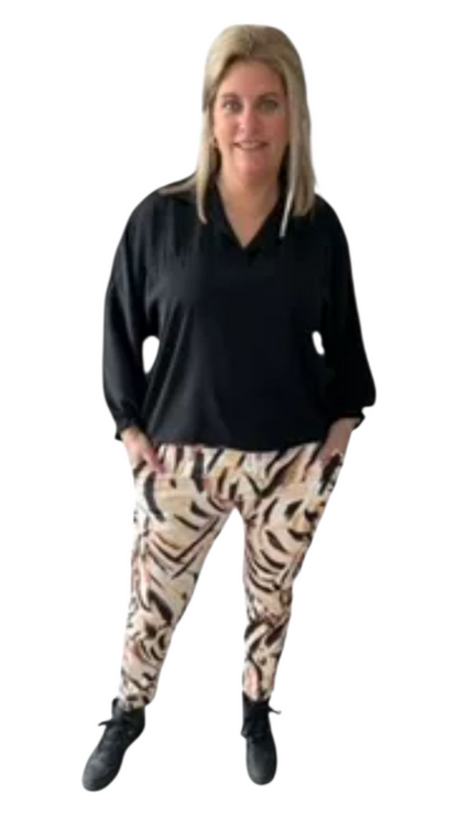 Stretch broek dames met print - Beige | End of Summer collectie