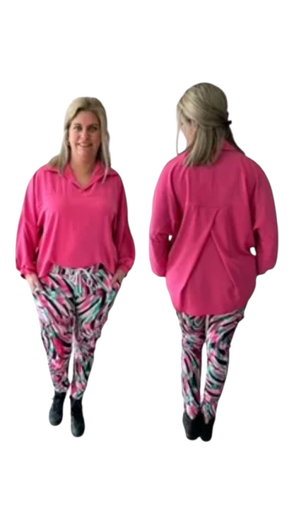 Stretch broek dames met print - Fuchsia roze | End of Summer collectie