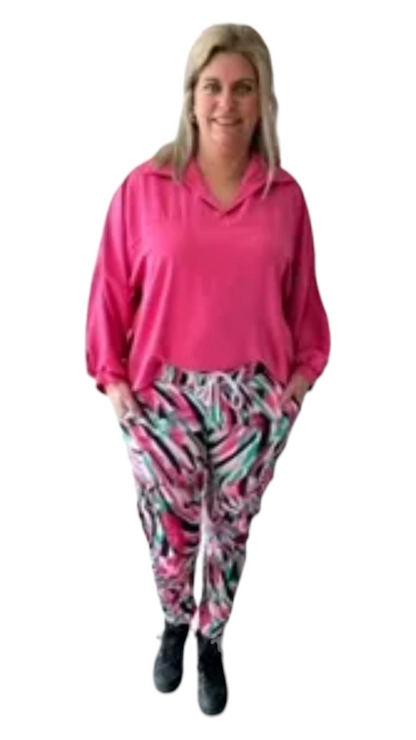 Stretch broek dames met print - Fuchsia roze | End of Summer collectie