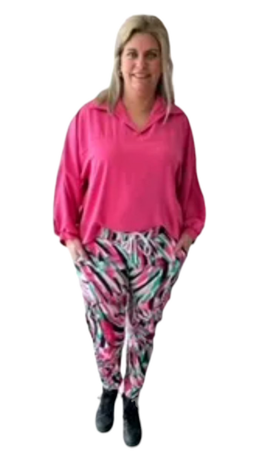 Stretch broek dames met print - Fuchsia roze | End of Summer collectie
