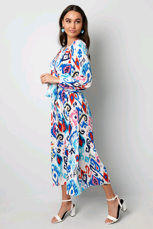 Dames maxi jurk/ lange jurk met print en tailleband - Blauw | Lente & Pastels collectie