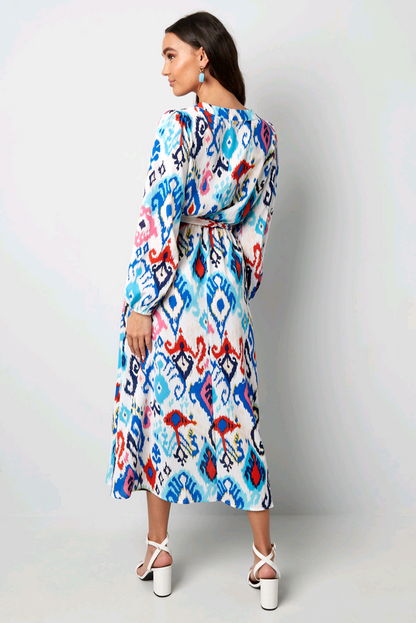 Dames maxi jurk/ lange jurk met print en tailleband - Blauw | Lente & Pastels collectie