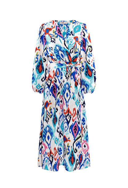 Dames maxi jurk/ lange jurk met print en tailleband - Blauw | Lente & Pastels collectie