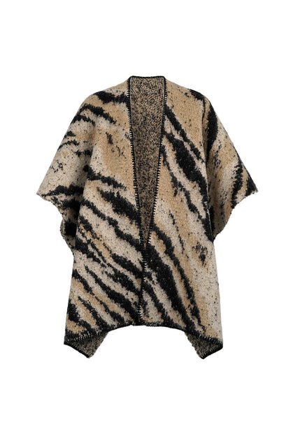 Dames omslagdoek/ poncho met dierenprint - Zwart/ Beige | Fall4Me collectie