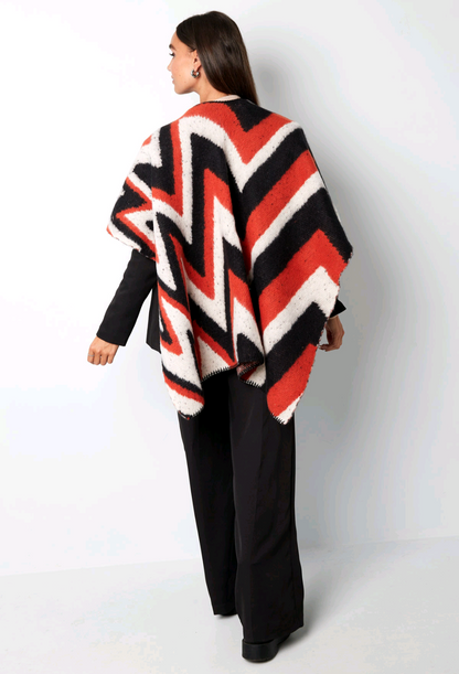 Dames omslagdoek/ poncho met grafische print - Zwart/ Oranje | Fall4Me collectie