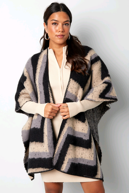Dames omslagdoek/ poncho met grafische print - Zwart/ Beige | Fall4Me collectie