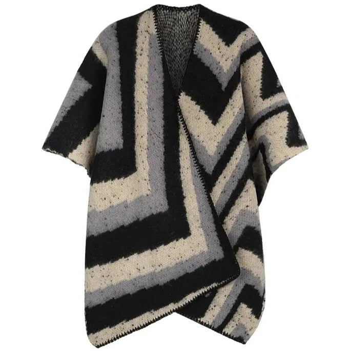 Dames omslagdoek/ poncho met grafische print - Zwart/ Beige | Fall4Me collectie
