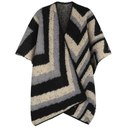 Dames omslagdoek/ poncho met grafische print - Zwart/ Beige | Fall4Me collectie