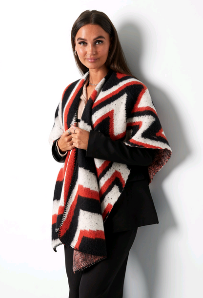 Dames omslagdoek/ poncho met grafische print - Zwart/ Oranje | Fall4Me collectie