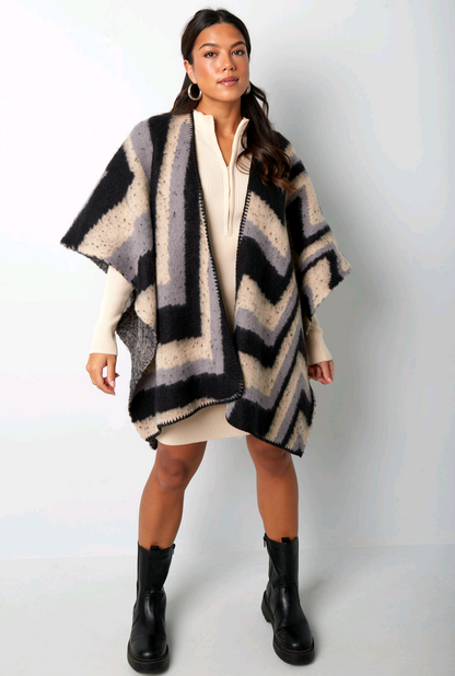 Dames omslagdoek/ poncho met grafische print - Zwart/ Beige | Fall4Me collectie