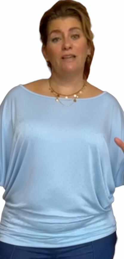 Dames vleermuis top met glitters - Blauw | Lente & Pastels collectie
