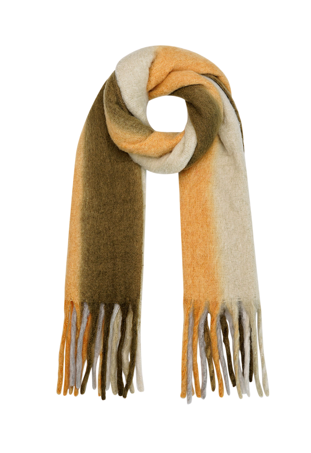 Winter sjaal dames met ombre effect en dunne franjes - Camel/ Kaki | Fall4me collectie
