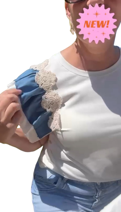 Denim detail dames top met ruffles - Wit | Jeans & Chic collectie