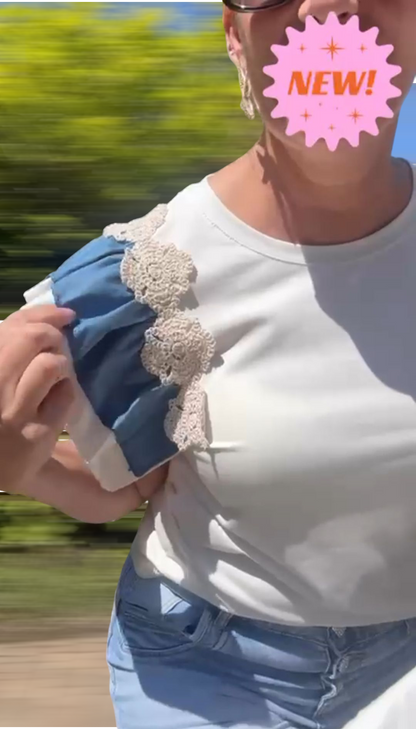 Denim detail dames top met ruffles - Wit | Jeans & Chic collectie