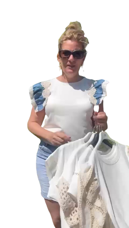 Denim detail dames top met ruffles - Wit | Jeans & Chic collectie
