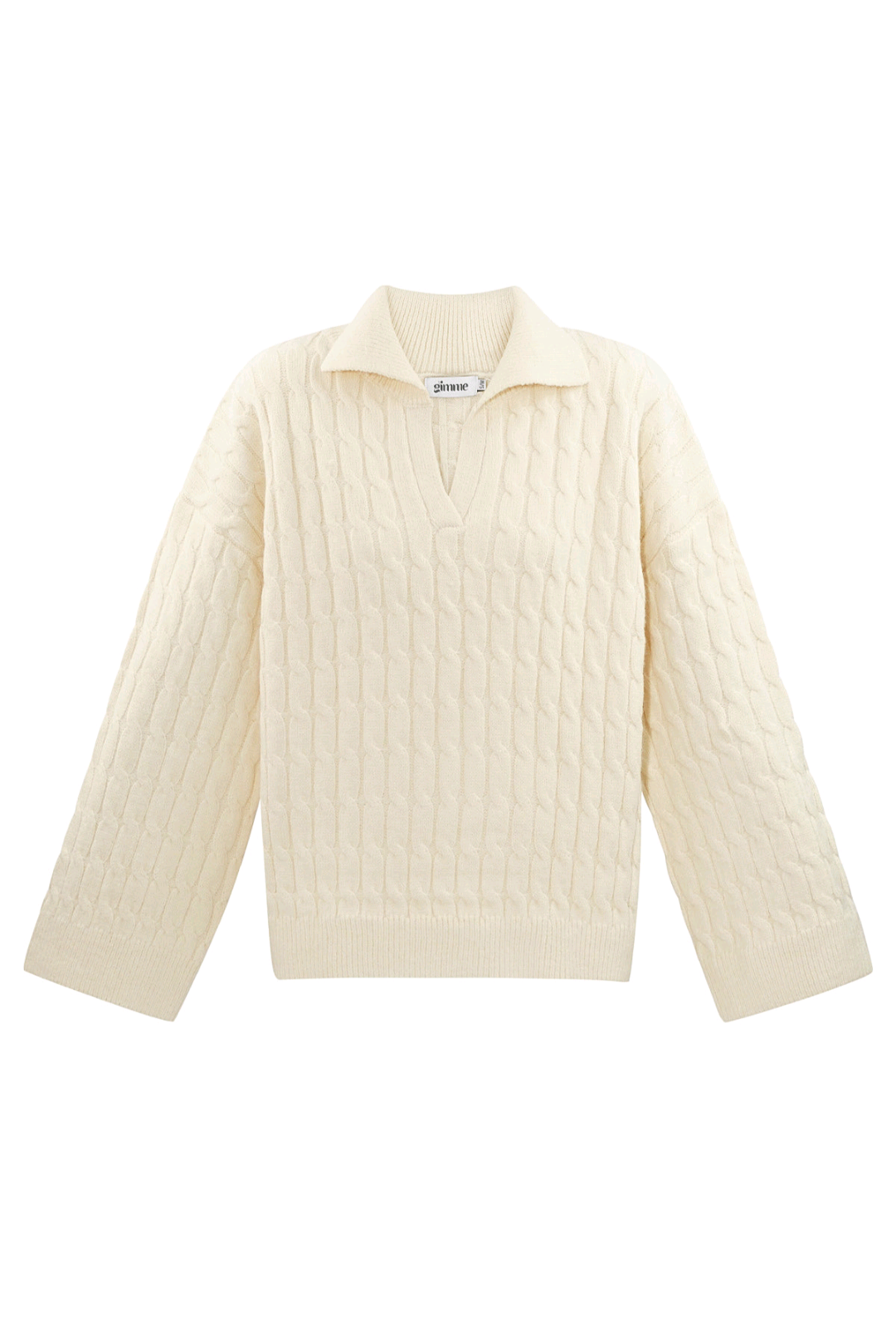 Gimme: comfy gebreide kabel trui dames met V-hals en kraag - Gebroken Wit | Fall4me collectie