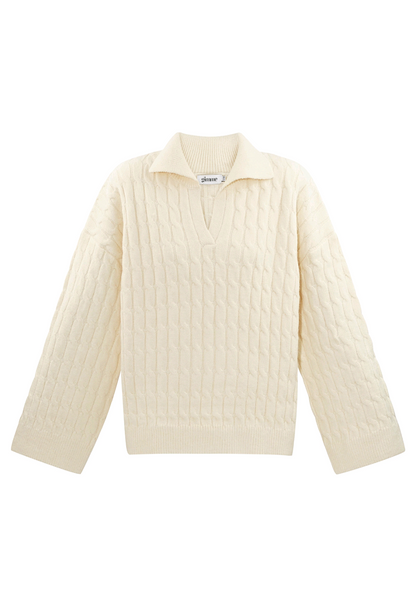 Gimme: comfy gebreide kabel trui dames met V-hals en kraag - Gebroken Wit | Fall4me collectie