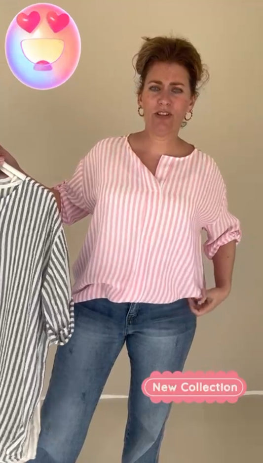 Gestreepte top dames met v-hals - Roze/Wit | Tee Time collectie