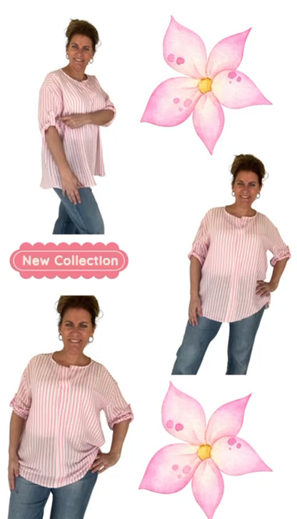 Gestreepte top dames met v-hals - Beige/Wit | Tee Time collectie