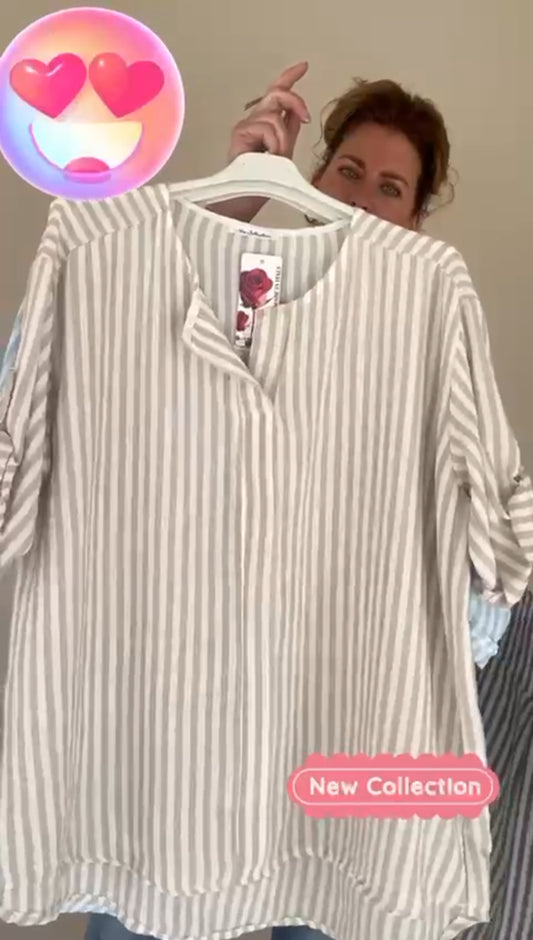Gestreepte top dames met v-hals - Beige/Wit | Tee Time collectie