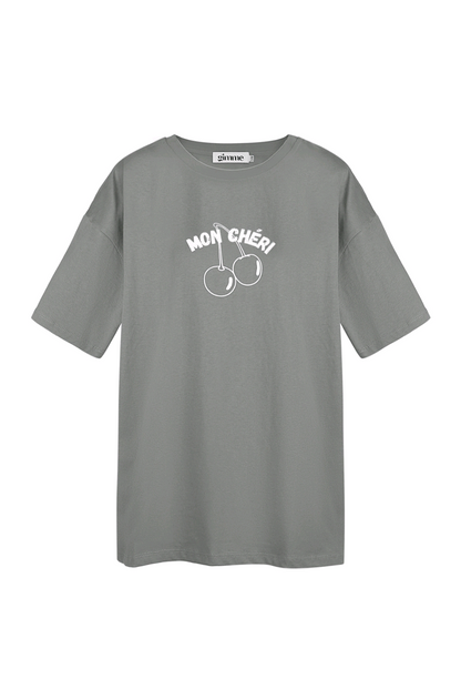 Gimme grijs dames t-shirt met witte opdruk tekst; 'Mon cheri' - Grijs/Wit | Tee Time collectie