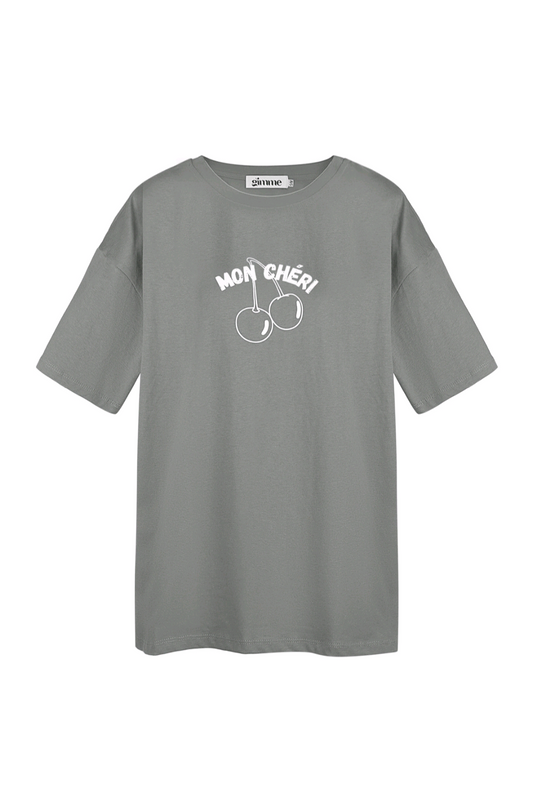 Gimme grijs dames t-shirt met witte opdruk tekst; 'Mon cheri' - Grijs/Wit | Tee Time collectie