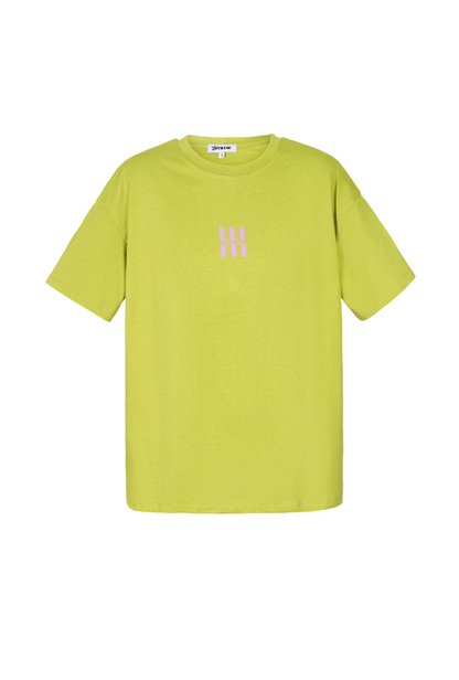Gimme lime groen dames t-shirt met roze tekst/ logo; 'MM' - Lime groen/ Licht roze | Tee Time collectie