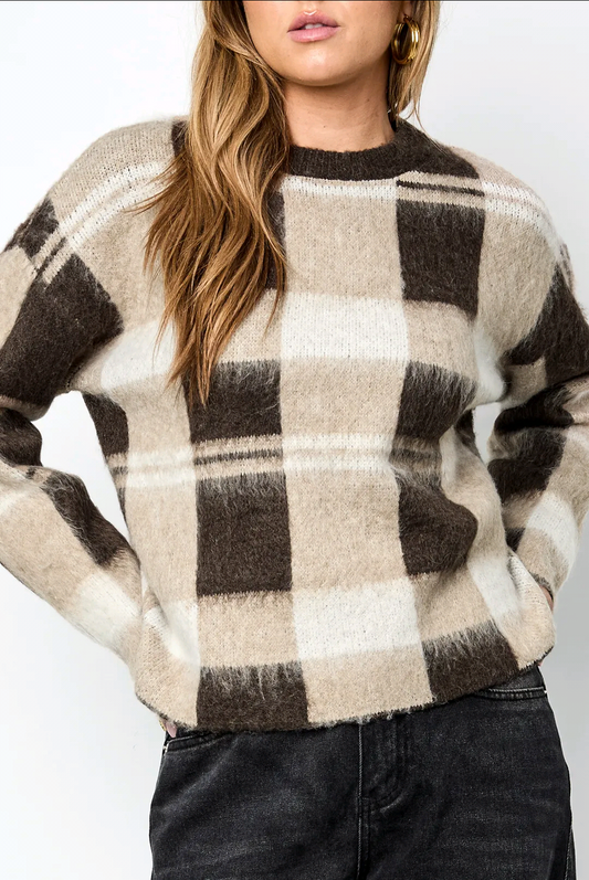 NoBRND Label trui: harige ruitjes trui dames; - Beige/Bruin