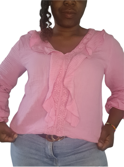 Carolina; Dames top van wafelstof - Roze