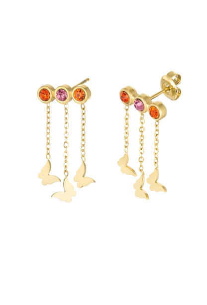 RVS gouden dames oorbellen vlindertjes en steentjes - Oranje/ Paars| Animal collectie