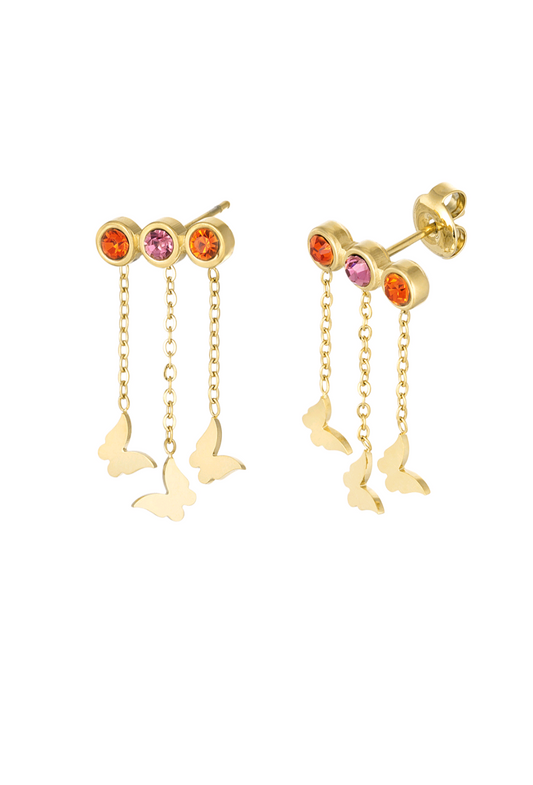 RVS gouden dames oorbellen vlindertjes en steentjes - Oranje/ Paars| Animal collectie