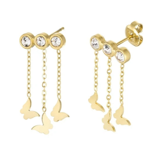 RVS gouden dames oorbellen vlindertjes en steentjes - Wit | Animal collectie