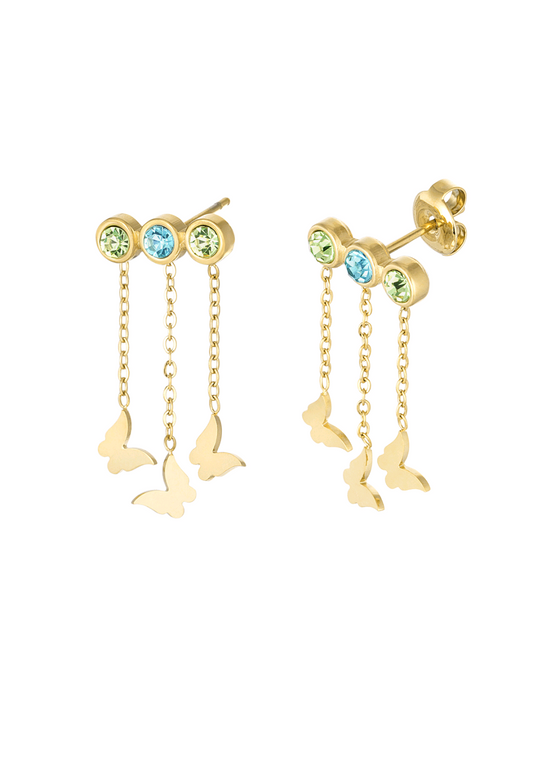 RVS gouden dames oorbellen vlindertjes en steentjes - Groen/ Blauw | Animal collectie