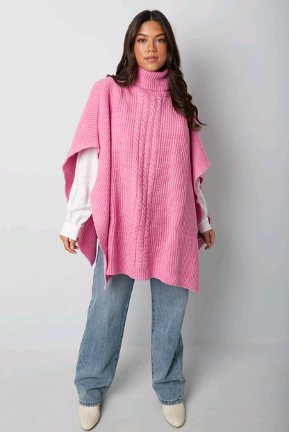 Tess - Zwarte gebreide poncho met col | Colourful Sweaters collectie