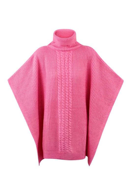 Tess - Fuchsia roze gebreide poncho met col | Colourful Sweaters collectie