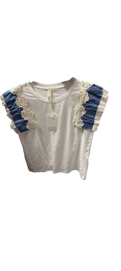 Denim detail dames top met ruffles - Wit | Jeans & Chic collectie