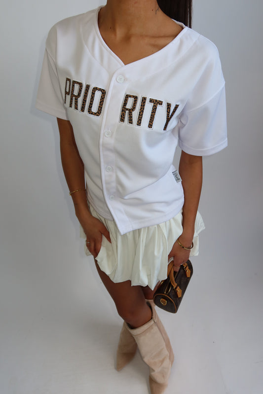 Priority t-shirt dames; Baseball buttoned jersey with Leopard patches - White/ Wit | Tee Time collectie
