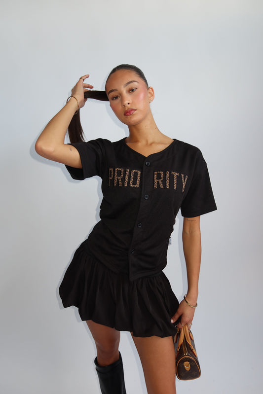 Priority t-shirt dames; Baseball buttoned jersey with Leopard patches - Black/ Zwart | Tee Time collectie